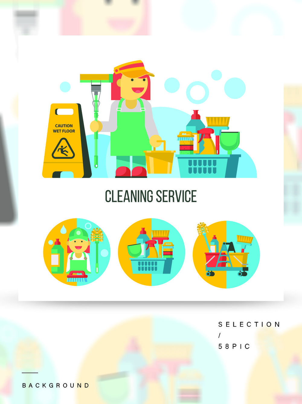 清潔服務(wù)平面矢量圖套標(biāo)志徽標(biāo)專業(yè)清潔場所套在白色背景隔絕的傳染媒介cliparts有拖把的清潔女工清潔產(chǎn)品濕地板標(biāo)志